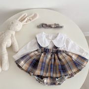 2024韩版春装婴幼儿童女宝宝格子吊带裙裤+娃娃领打底上衣2件套装