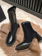 英伦风马丁靴女中筒瘦瘦靴，2023秋冬黑色圆头，高跟时装短靴粗跟