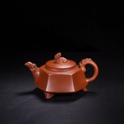 宜兴纯手工红泥老紫砂壶三足六方茶水壶手把件茶道用品功夫茶摆件