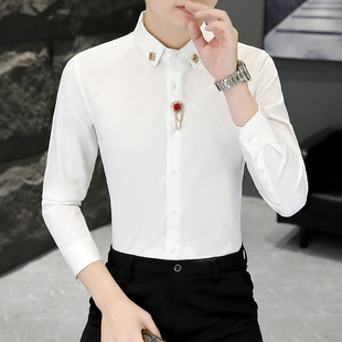 时尚白色衬衫男士长袖春秋季发型师潮流韩版修身职业工装帅气衬衣