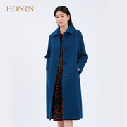 HONRN/红质蓝色插肩袖翻领中长款针织羊毛呢子大衣外套女秋冬