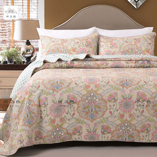 美式古典复古新中式床盖三件套纯棉全棉多功能夹棉双人绗缝被床罩