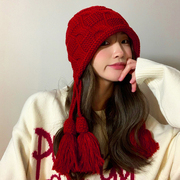 新年红色帽子女秋冬喜庆小众气质圣诞节护耳保暖手工针织毛线帽潮