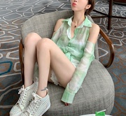 W网红露肩黑白绿格子衬衫女夏薄设计感小众长袖韩版衬衣Alice