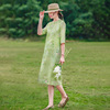 原创设计苎麻印花旗袍改良式斜襟立领棉麻连衣裙中袖绿色复古裙子