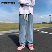 proteusboy牛仔裤男秋冬款，春季复古水洗男士，宽松直筒潮牌休闲长裤