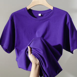 韩国舒适休闲又百搭深紫色宽松圆领短袖T恤运动情侣纯色上衣女士
