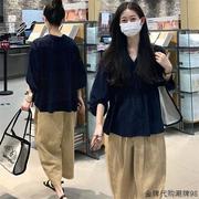 孕妇春装套装中长款外出泡泡袖，宽松上衣托腹孕妇裤子两件套春秋款