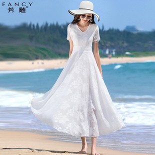 白色雪纺连衣裙女2024夏季长款大摆仙气减龄度假V领沙滩长裙
