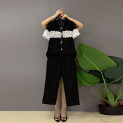 大码女装拼色花朵蕾丝袖口上衣黑色休闲裤简约显瘦胖MM韩版两件套