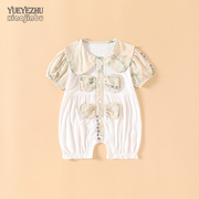 中式婴儿衣服夏季薄款女宝宝连体衣夏装复古国风娃娃领哈衣满月服