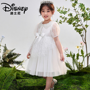 Disney迪士尼女童公主裙女孩夏装白色镶钻娃娃领泡泡袖连衣裙
