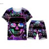 Skull 3D Print Men's T-Shirt Shorts Set骷髅头3D印花T恤套装夏