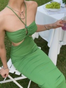 绿色针织抽褶抹胸连衣裙2023度假风裙子美背吊带裙女夏高级感