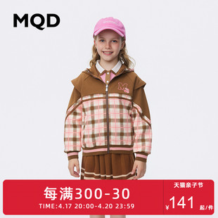 双面布mqd童装女童，加厚图案外套，23秋撞色格子假两件上衣