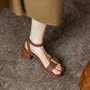 法式复古凉鞋女夏一字带，粗跟棕色森系文艺中跟真皮防水台厚底罗马