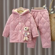 可爱熊冬季加厚儿童睡衣保暖法兰绒珊瑚男女童宝宝夹棉家居服套装