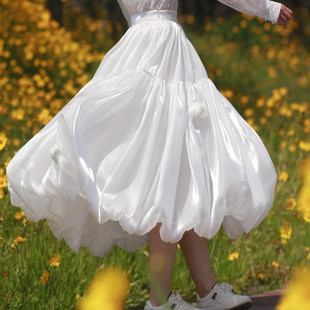 流光溢彩肌理感玫瑰花朵花苞裙灯笼裙显瘦百搭半身裙夏季中长款