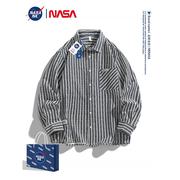 NASA联名纯棉条纹长袖衬衫男士春秋款工装衬衣男款痞帅高级感外套