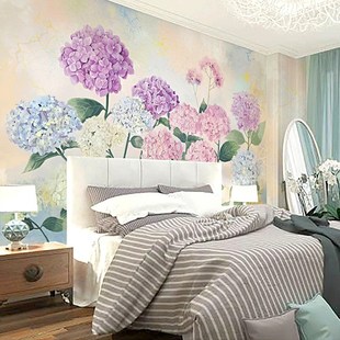 简约花朵田园温馨手绘紫色绣球花沙发卧室，房间背景墙壁纸墙布壁画