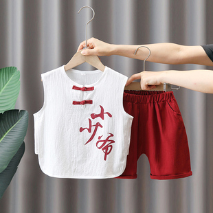 男童夏季中国风背心套装儿童，洋气无袖夏装两件套男宝宝民族风唐装