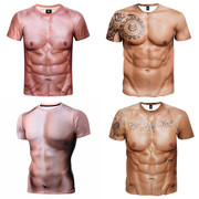 3D创意纹身腹肌上衣3d立体恶搞怪肌肉男短袖T恤年会表演道具衣服