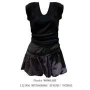 大码胖mm黑色T恤+花苞短裙套装女夏韩系短袖上衣波点半身裙两件套