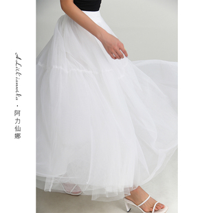 阿力仙娜复古风白色网纱半身裙2024年春夏女士高腰大摆显瘦蓬蓬裙