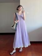 紫色镂空蕾丝吊带背心连衣裙女夏季海边度假小个子叠穿无袖长裙子