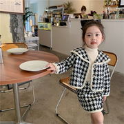 女童套装2024秋季儿童小香风外套裙女宝宝韩版格子短裙两件套