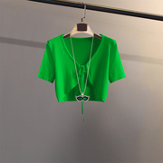 绿色复古系带披肩短袖针织小开衫，女夏季短款高腰薄款配裙外搭上衣