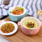陶瓷汤碗泡面套装带盖可爱卡通大号方便面碗宿舍学生家用日式饭盒