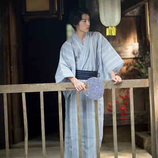 男款 日式传统和服正装浴衣 淡蓝色条纹 温泉泡汤服日本旅行写真