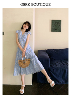 srk法式蓝色桔梗绣花裙，气质优雅小众，收腰显瘦中长款裙女夏季