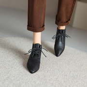 naijiu东方美学(东方美学)~尖头短靴系带，平底软底短筒舒适裸靴真皮及踝靴