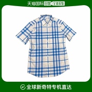 欧洲直邮Burberry/博柏利 男士蓝色棉质格纹单排扣翻领短袖衬衫