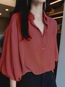 法式复古红色宽松雪纺五分袖衬衫，女夏季薄款真丝设计感灯笼袖上衣