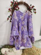 vintage复古名媛紫色印花甜美软糯宽松蝙蝠款气质兔羊毛套头毛衣