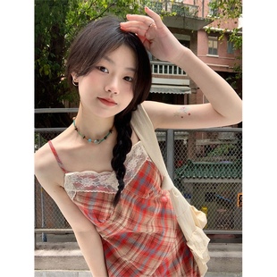 红色格子吊带裙女夏季韩版拼接蕾丝连衣裙中长款显瘦a字裙