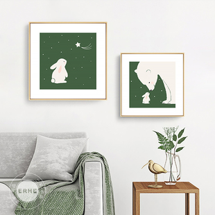 绿色动物北欧儿童房卧室床头卡通兔子装饰画可爱温馨鸭子白熊挂画