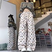 韩国东大门300斤大码韩版高腰卡通动物图案阔腿工装裤女长裤