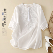 品牌外贸原单复古日系刺绣，棉麻衬衣宽松圆领短袖t恤女夏