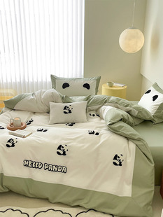 恒洽家纺全棉床单四件套100支卡通熊猫可爱毛巾绣被套床上用品1.8