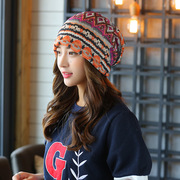 韩版女春秋涂鸦菱形条纹头巾帽子女士套头时尚产妇月子帽