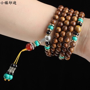 越南黄花梨手链长，原创复古木质念珠108颗佛珠手串，西藏饰品民族风