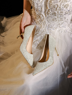 lusen婚鞋水晶亮片高跟鞋，小个子新娘秀禾婚纱两用宴会单鞋高级感