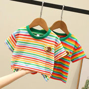 100%纯棉夏季男女童彩虹条纹，短袖t恤中小儿童宝宝上衣