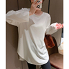 韩国版型设计百搭简约纯色，春秋宽松长款外穿打底圆摆长袖t恤衫女