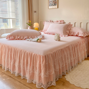 高级感全棉床裙式床罩单件100纯棉床单法式蕾丝花边床围裙套夏季