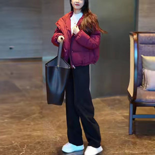 韩系网红炸街红色短款外套黑色加绒垂坠感休闲裤时尚运动套装女冬
